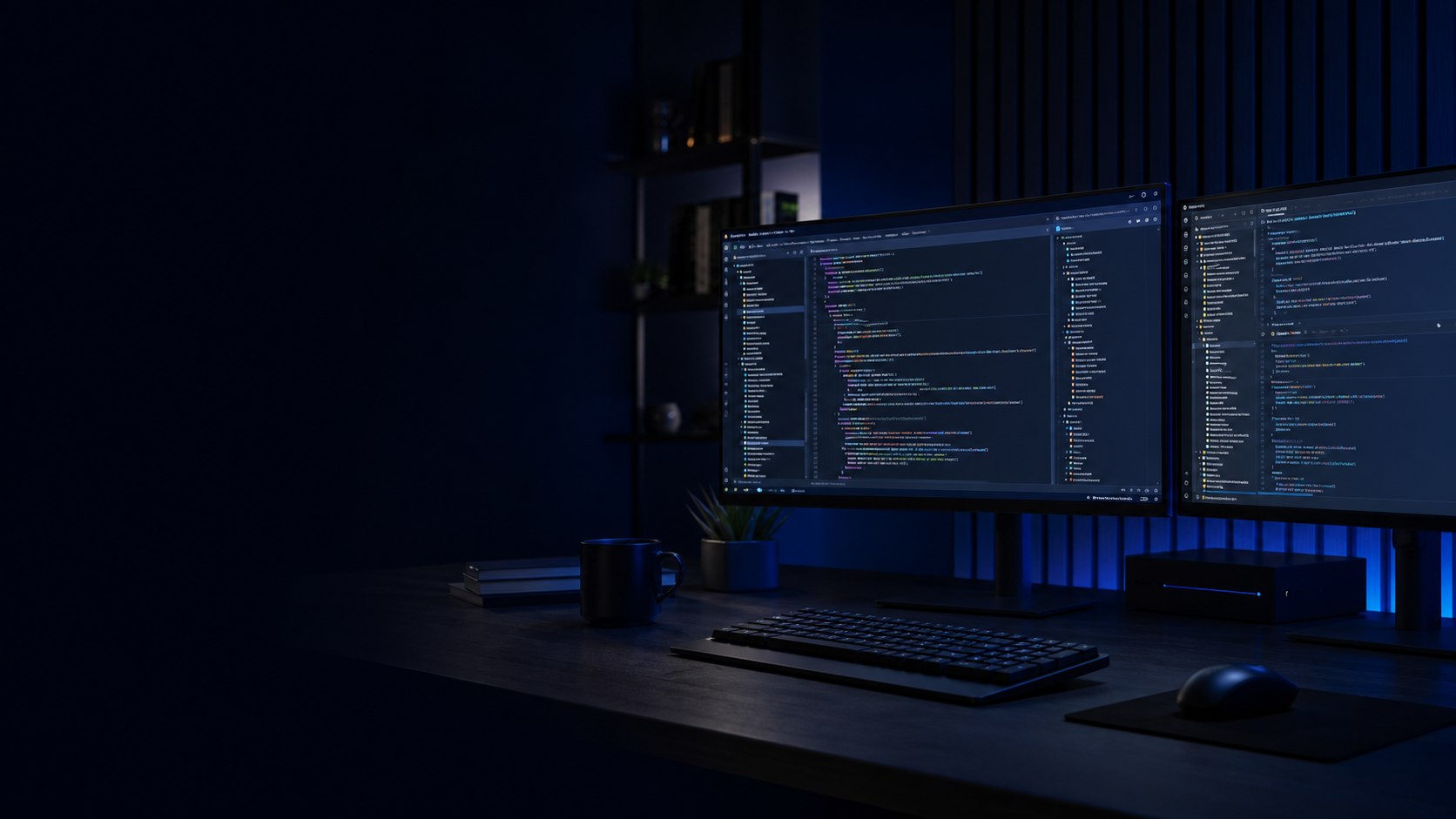 Workspace developer dengan monitor berisi source code